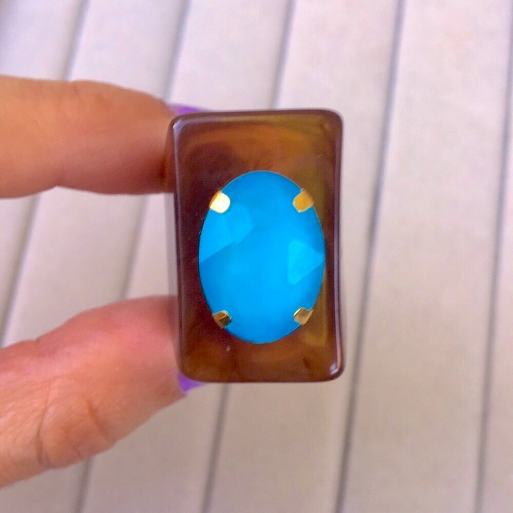 Turquoise Aquamarine + Tortoiseshell Oval Crystal Boho Statement Ring